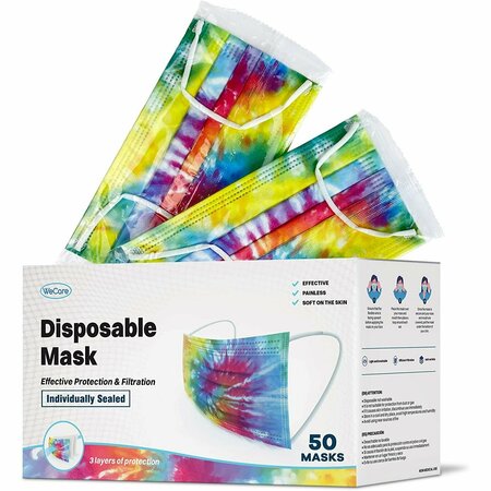 WECARE Disposable Face Mask, 3-Ply with Ear Loop 50 Individually Wrapped, Tie Dye, 50PK WMN100017